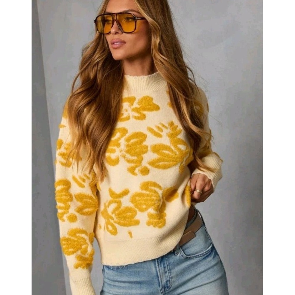 VICI Chili Days Textured Floral Knit Sweater Beige Yellow Women's‎ Size XL